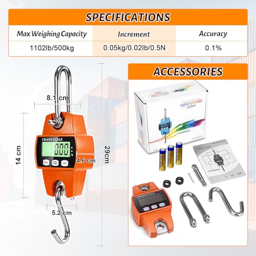 Digital Hanging Scale, 1100lb/500kg Handheld Crane Scale | Small Crane Scale with LCD Display and Hooks, Aluminum Alloy Body for Hunting, Outdoor, Luggage, Farm (Orange) - color: Orange-1100lb