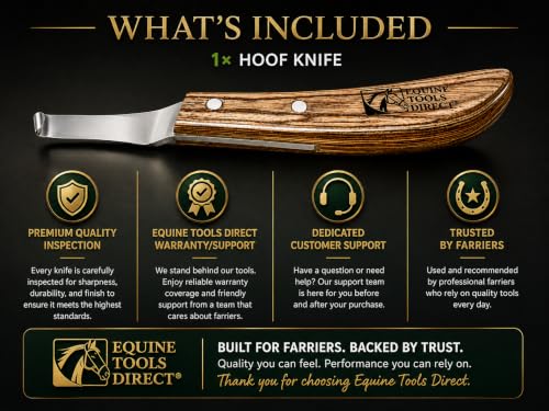 Right-Handed Farrier Hoof Knife, Curved J2 420 Magnetic Stainless Steel Blade, Ergonomic Wooden Handle, Horse Hoof Trimming Tool for Sole & Frog Paring