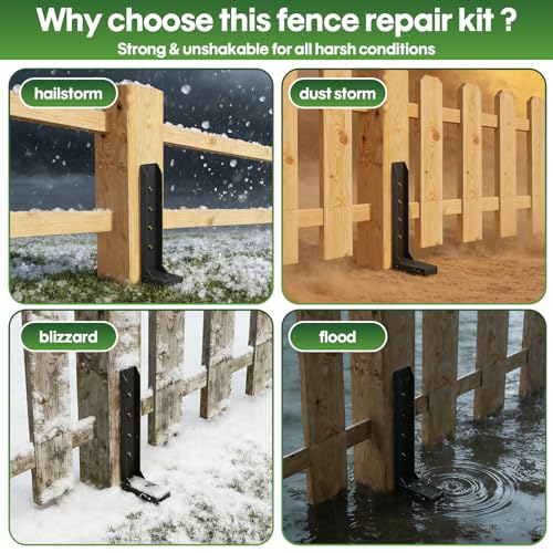 Fence Post Repair Kit 4 Pack, 8mm Double-Layer Post Anchor for Wood Posts | Heavy Duty & Anti-rust Post Anchor, Quick Fix Leaning/Broken 4x4/6x6 Wood Posts Support