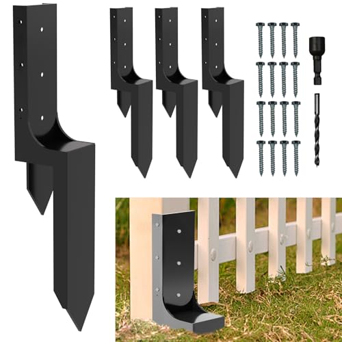 Thicker Fence Post Repair Kit-Heavy Duty Metal Steel 4''x4'' (Actual 3.58"x3.58") Fence Repair Stake-Anchor Ground Spike-Support Bracket Mender for Tilted Broken Wood-Powder-Coated Post Stabilizer