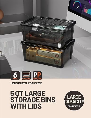 WYT 5-Quart Small Plastic Storage Container Bin with Secure Lids and Latch Buckles, Black Clear Durable Stackable Nestable Organizin, 6-Pack - color: Black