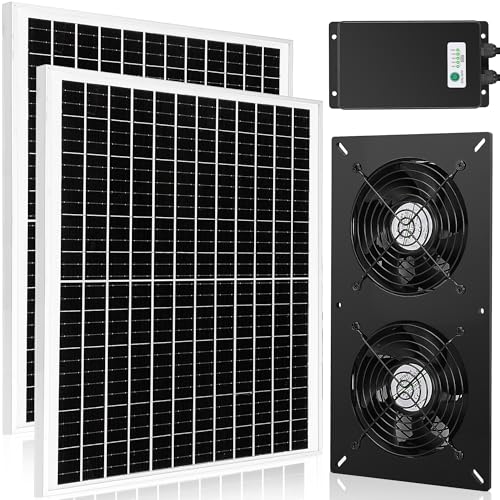 Fanspex Solar 2 Fan Kit with 66.6 Wh Battery Backup for Greenhouse | 50W Solar Powered Rechargeable Weatherproofed for Chicken Coop & Shed Exhausting or Air Circulation - size: 2 Fan Large Kit