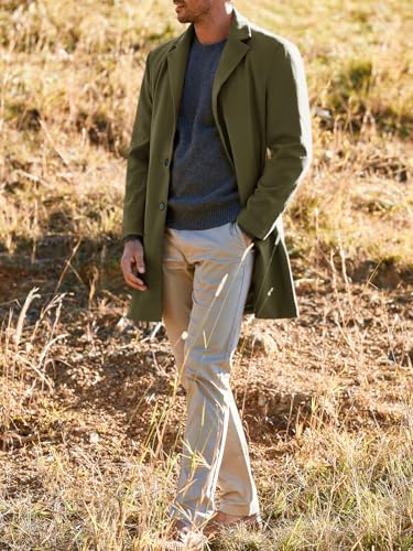 PASLTER Mens Trench Coat Slim Fit Mid Length Pea Coat Winter Overcoat | Notched Collar,Single Breasted,Warm Peacoat Jacket,Soft Mens Dress Coat,Fall Winter Mens Trench Coat Long - color: Armygreen, size: Medium