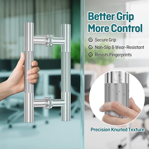 Ranbo 12" Knurled Door Pull Handle, 8"(203mm) CTC, Polished Chrome | Heavy Duty 1.5mm 304 Stainless Steel, Back to Back Pull Handles for Shower, Barn, Commercial Doors, Enhanced Grip - size: 12 Inch