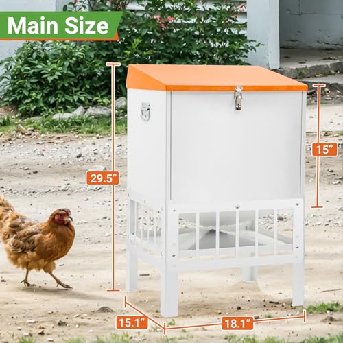 Chicken Feeder with Grille, 85LBS No Waste Chicken Feeder with 22 Ports, Powder-Coated Steel Feeder w/Waterproof Lid and Stainless Handles, 18”L x 15.1”W x 29.5”H