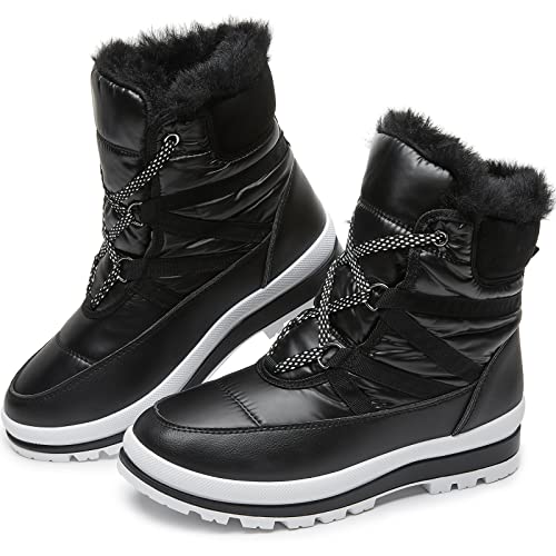 BABUDOG Womens Warm Fur Lined Mid-Calf Boots Waterproof Winter Snow Boots Non-slip Lace up Combat Boots - color: Black, size: 9