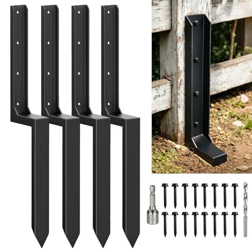 Fence Post Repair Kit Heavy Duty – Thickened Steel Fence Post Anchor Ground Spike, Fence Repair Kit Quick Fix Broken/Leaning Wood Fence Posts, Wooden Fence Post Stabilizer Stakes (4 Pack, Black) - color: 4 , Black