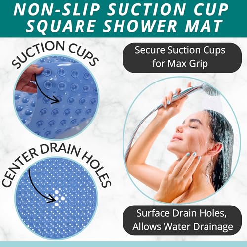 ENKOSI Square Shower Mat – 21 x 21 Inch Non-Slip Bathroom Shower Stall Mat with Suction Cups and Drain Holes – Anti-Slip Bathtub Shower Mats for Inside Shower (21x21 Aqua Blue) - color: Aqua Blue