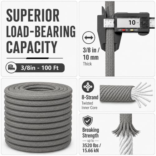 Braided Polyester Arborist Rope (3/8 inch X 100 feet) High Strength Bull Rope for Tree Work Truck Securing Camping Swing, Gray - color: Gray