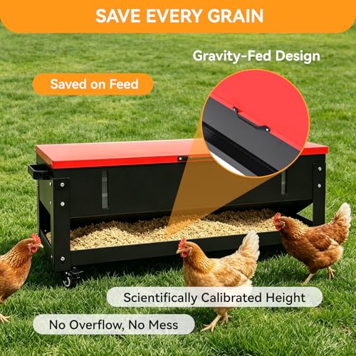 120 LB Large Chicken Feeder No-Waste, Heavy Duty Galvanized Metal Poultry Feeder with 360 Swivel Wheels, Rainproof Automatic Gravity Trough for Outside Coop, Chickens, Ducks, Geese