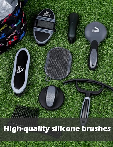 Harrison Howard Complete Horse Grooming Set, 11-Piece Advanced Daily Grooming Tools with Extra Brushes for Full Horse Care Black Brushstroke Ponies - color: Black