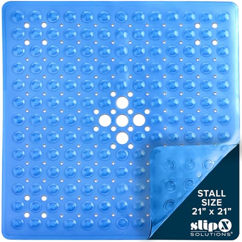 SlipX Solutions 21" Square Non Slip Shower Stall & Bathtub Mat, Blue | Anti Slip Essential Shower Mat For Bathers Of All Ages, 25% Stronger Suction Cups, Soft Underfoot, Machine Washable - color: Blue