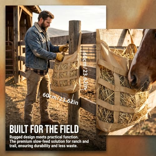 Slow Feed Horse Hay Bag, Heavy Duty Polyester Single Side Feeding Hay Pouch, Easy Hanging Feed Bag for Horse Stall and Trailer
