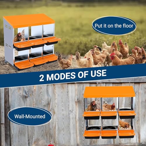 Chicken Nesting Box, 6 Hole 2 Layer Hen Nest Boxes, Roll-Away Egg Collection System with Ventilation Holes，Rustproof Plastic Tray & Keyhole Mounting, Chicken Laying Box - color: Orange, size: 6 holes