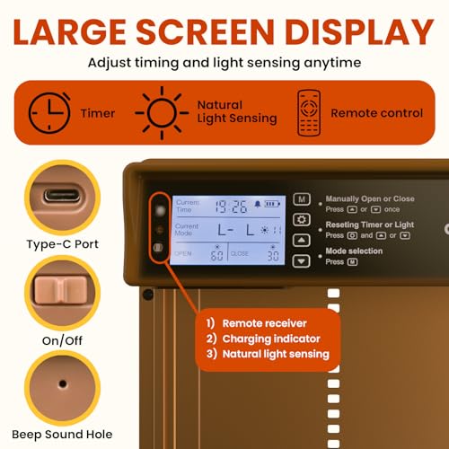 Okkobi Automatic Chicken Coop Door Solar Powered - LCD Display - Chicken Coop Door with Remote Control, Light Sensor & Timer - Security & Peace of Mind: Anti-Pinch function - 5-Year Protection - Brown - color: Brown