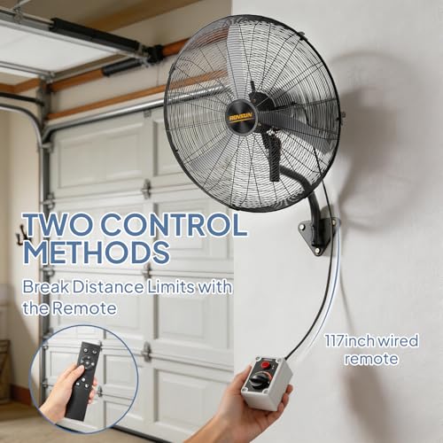 ROVSUN 20" Industrial Wall Fan with Remote Controller & BLDC Motor, High Velocity Wall-mounted Outdoor Fan with 4-Speed and Long Wired Remote, Oscillating Wall Mount Fan for Warehouse, Patio, 2-Pack - size: 20''(2-pack)