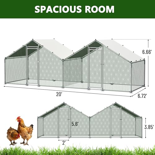Metal Chicken Coop 20x6.7x6.7ft Large Walk-in Poultry Cage for 10-20 Chickens Chicken Run Pen Hen Rabbit Duck House with Waterproof Cover for Outdoor Farm Use - size: 240.0"L x 80.0"W x 80.0"H