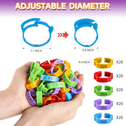 100pcs Chicken Leg Bands, 14-22mm Adjustable Poultry Tags, Durable Multi-Colored Hens Identification Leg Rings, Chicken Coop Accessories for Chickens, Chick, Ducks, Goose, Turkey, Birds