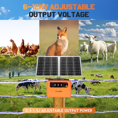 30 Miles Solar Electric Fence Charger, 0.3-1.5J for Livestock Farm | 6-12KV Adjustable Pulse Output,Portable Rechargeable 15W Solar Panel,Solar/AC Power, Waterproof 24/7 Uninterrupted Protection - color: Orange