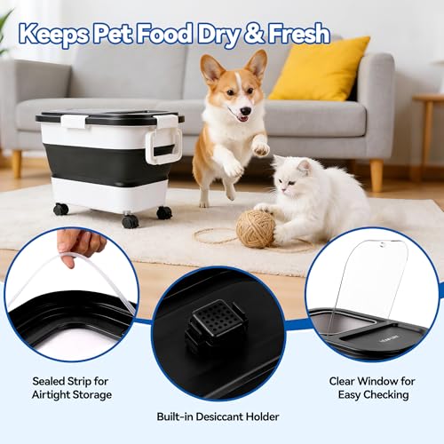Dog Food Storage Container 20-25lbs, Airtight Pet Food Bin with Locking Lid & Clear Window, Collapsible Rolling Storage Container with Wheels and Scoop, Black - color: Black-M