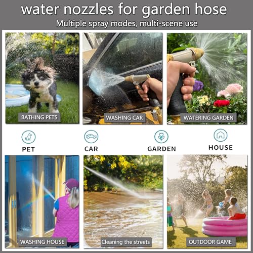 Garden Hose Nozzle, Heavy Duty Hose Nozzle | Metal Water Hose Nozzle with Non-Slip Grip, High Pressure, 4 Adjustable Spray Patterns for Garden, Car Washing & Pet Bathing