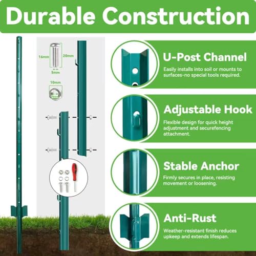 7ft Fence Posts, Pack of 10 - Sturdy Metal U-Posts & Step-in Stakes | No Digging Poles for Garden Wire Fencing and Yard Signs (Requires Assembly) - size: 7 Feet (Requires Assembly)