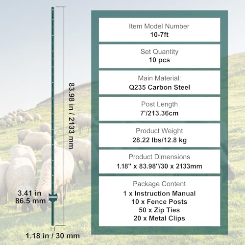 VEVOR Fence Post 7 ft 10 Pack U-Channel Metal Fence Stakes Green | For Garden Yard, Lawn, Farms & Outdoor Wire Fencing, 2 mm Thick Q235 Carbon Steel with Powder-Coated, 50 Zip Ties & 20 Clips - size: 7 Feet 10 Pack