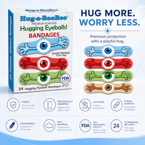 Hugging Eyeballs! Super Fun Eyeball Adhesive Bandages from Hug-a-BooBoo, The Amazing Bandages that Hug! Hugging Eyeball Characters with Arms! 24 Ct Box - size: 24ct, style: Hugging Eyeballs