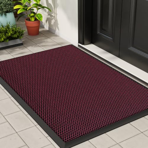 Front Door Mat Outside Entrance Welcome Mat 24"x36" Red 2x3 ft | Heavy-Duty Dirt Trapper Non Slip Rubber Entrance Doormats for Entryway Porch Garage 3D Mesh Stain Resist All Season & Weather - color: Red, size: 24"x36"