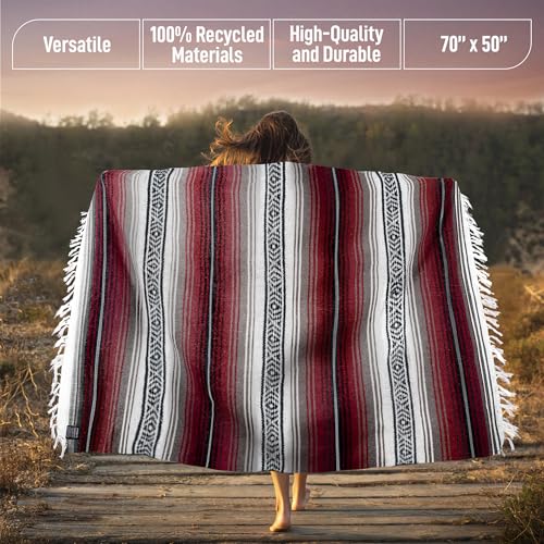 Mexican Blanket (Authentic Handmade Falsa) - Durable, Lightweight Baja Indian Blanket for Yoga, Beach, Camping, Picnic, Car/Truck, Outdoor Mexican Throw, Baja Saddle Blanket, 70"x50", Cherry - color: Cherry