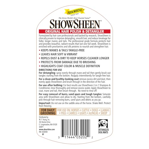 Absorbine ShowSheen Hair Polish & Detangler, 32 fl oz Refill Quart Bottle | Mane & Tail, Pro-Vitamins, Silk Proteins, Lustrous Shine, Reduces Hair Breakage, Promotes Longer Healthy Hair, Horses & Dogs - size: 32 fl oz Refill (No Sprayer)