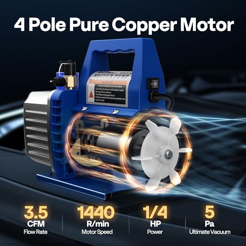VIVOHOME 110V 1/4 HP 3.5 CFM Single Stage Rotary Vane AC Vacuum Pump | HVAC Vacuum Pump for Mini Split Automotive Air Conditioner R134a R12 R22 R502 R410a AC System with Oil Bottle - color: Blue, size: 3.5 CFM