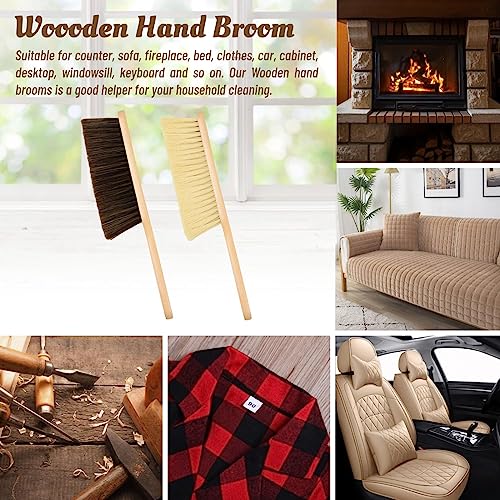 2 Pieces Woooden Dust Brush Hand Broom Bench Brush with Long Wood Handle Whisk Broom Soft Bristle Brush for Counter Bed Sofa Car Fireplace Clothes Household Cleaning - color: Brown, Khaki