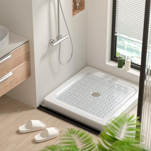 HITSLAM Non Slip Shower Mat, Square Bathtub Mat, 24x24 Inch, Clear | Diamond Textured PVC Bath Mat With Suction Cups, Shower Stall Mat with Center Drain Hole, Strong Grip, Machine Washable - color: Clear