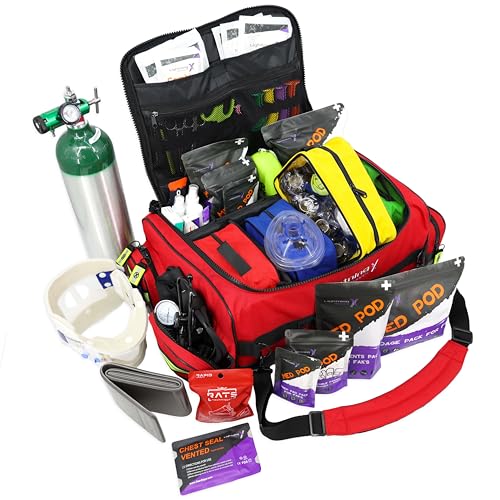 Lightning X Fully Stocked X-Tuff Modular Oxygen Trauma Bag w/Removable Organizer Pouches for EMS/EMT + First Responder - Red - color: Red