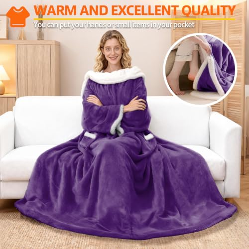 Wearable Heated Blanket With Sleeves & Foot Pocket, Heated Throw Blankets Fast Heating Blanket With 10 Heat Settings Auto Shut Off Over-Heat Protection-Warm Gift, Machine Washable, 52”*72”+18” - color: Purple