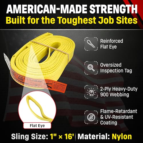 DD Sling 1 Inch x 16 Foot Nylon Lifting Sling – USA Made, 3,200 lb Vertical, 2,600 lb Choker, 6,400 lb Basket – 2-Ply Heavy Duty 900 Webbing, Type 3 Flat Eye & Eye Rigging Sling - size: 1"x16'