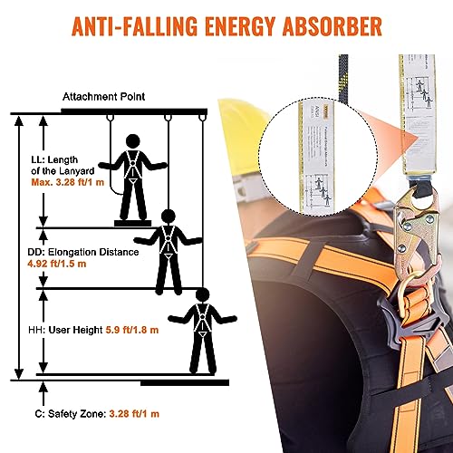 VEVOR Vertical Lifeline Assembly, 0.55'' x 25' Fall Protection Rope with 30 KN Breaking Tension, Polyester Roofing Rope with Steel Snap Hooks, Rope Grab, and Shock Absorber, ANSI Compliant - size: 25FT