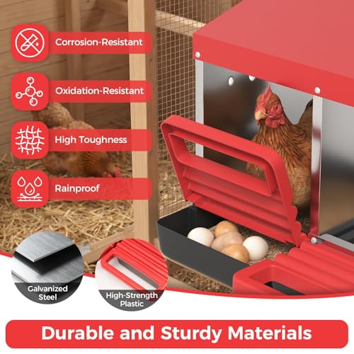 3-Compartment Chicken Nesting Box, Heavy Duty Galvanized Steel Poultry Nest Box, Wall Mount/Freestanding Design for Hens, Ducks, Backyard Homesteads & Farm Use, Red, with Soft Mats, No Stand - color: Red, size: 3 Room&Mat Board