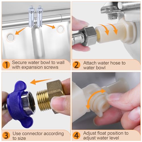 MYFAMIREA Automatic Animal Drinking Water Bowl Stainless Steel Waterer Feeder Farm Dog Dispenser Kit Self Filling for Livestock Horse Goat Water Trough with Float Valve Drain Hole Hose Adapter Bolts - size: 1 PCS