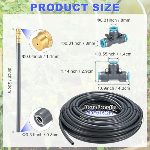 M METERXITY 1-Set Drip Irrigation System, 50Ft 5/16" Hose Garden Watering Misting System with 16pcs 360° Adjustable Copper Nozzles for Greenhouse/Yards/Lawns, Atomizing Watering Accessories - color: Gray + Gold Tone, size: 50Ft 5/16"