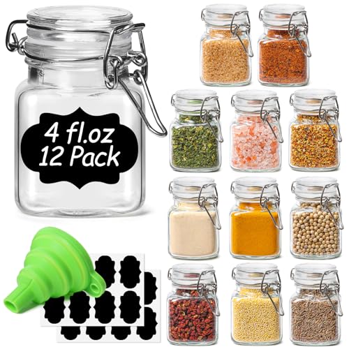 ComSaf Square Small Glass Spice Jars with Airtight Lids 4 oz 12 Pack Pantry | Honey herbs, Farmhouse pantry organization, Mini favor jars, Labels included, Funnel included, Kitchen storage, Snacks - size: 4oz*12