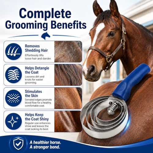 2-Pack Reversible Curry Combs for Horses and Pets, Stainless Steel | Four-ring stainless steel and rubber grooming combs feature reversible edges and soft-grip handles for farm animals and pets.