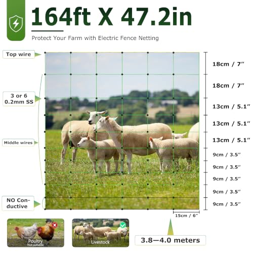 Electric Fence Netting, 164'L x 47.2" H Electric Fence Kit for Livestock, Farms, Backyards, Garden, Assembled Double Spiked Portable Electric Farm Fence - size: 164'L x 47.2" H