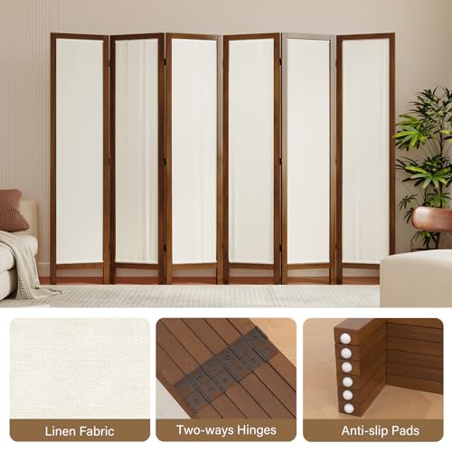 Linen Room Divider Privacy Screen, Foldable Wood Frame Partition Room Dividers with Removable Linen Fabric Curtain, Room Divider Panel, Zero Assembly for Home, Office, or Studio Brown 6 Panel - color: Brown