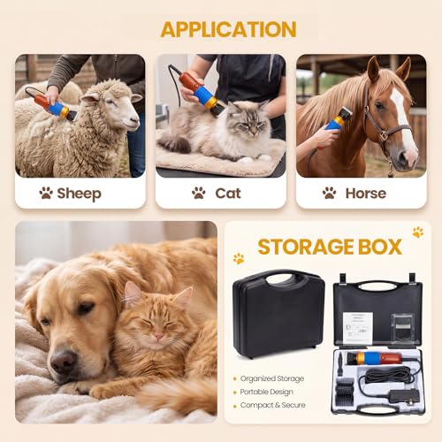 Dog Grooming Clippers 200W Professional Pet Hair Clippers with Zirconia Ceramic Blade, Low Noise Variable Speed Electric Clippers for Thick Coats, Dogs, Goats and Alpacas