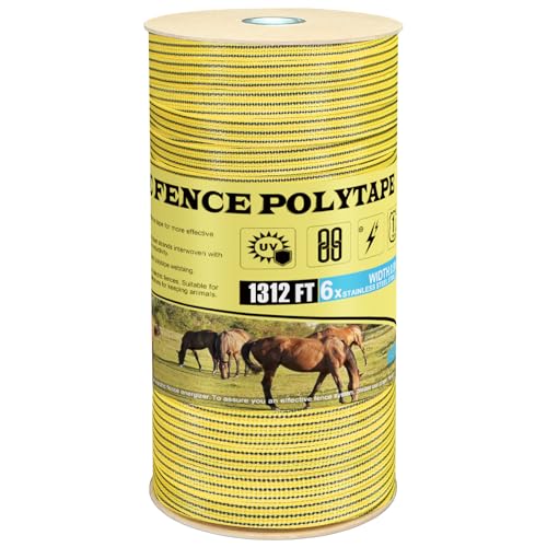Electric Fence PolyTape Horse Fencing Tape 1312 Feet 400m, High Visibility 0.8 Inch 20mm Width, 6 Strong Stainless Steel Conductors, Yellow and Black, Equine Horse Livestock Electric Fencing