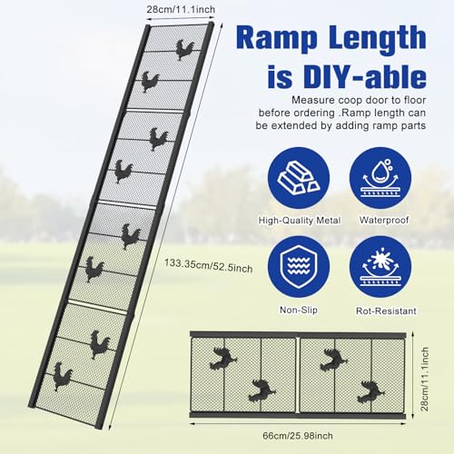 Chicken Coop Ramp 52.5''L, Ladder Length Adjustable for Henhouse | Heavy Duty Metal Coop Steps for Feet Problem or Cannot Fly Chickens, Waterproof, Non-Slip, Rustproof, Sturdy&Easy to Clean - size: 52.5*11.1 inch