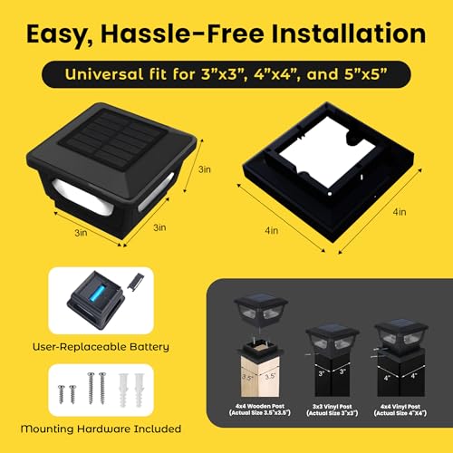 Brighticonic Solar Post Cap Lights Outdoor for 4x4, 3x3 – Auto On/Off Post Lights Solar Powered - Easy Install, IP65 Waterproof Deck & Fence Lights – Long Lasting Battery – 120 Lumen, WarmWhite - 4pck - color: Black - Warm White 6000K - 4 pack