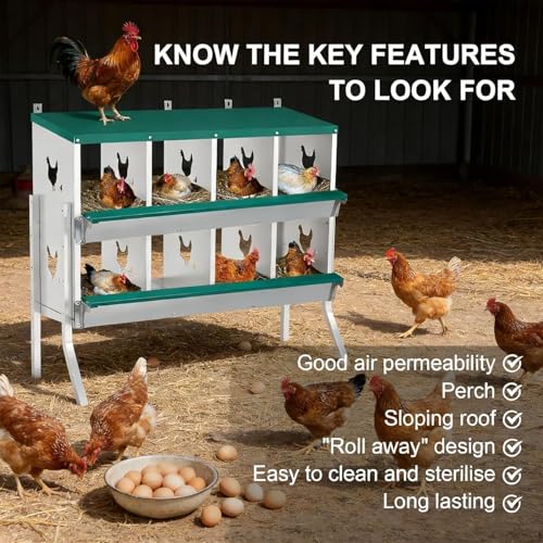 Chicken Nesting Box, 8 Compartments Nesting Box with 4 Fake Eggs & 10 Soft Nest Pads, Wall Mounting for Easy Egg Collection, Heavy Duty Galvanized Steel Rustproof Laying Box with Vented & Easy Clean - size: 8 compartment with Legs
